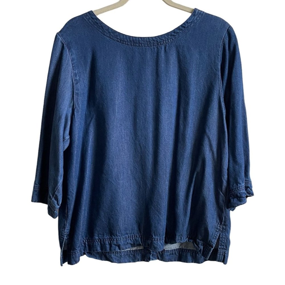 4/$25 Vintage Shirt Lagenlook Blue‎ Collarless Button Back Top City Wear Women L
